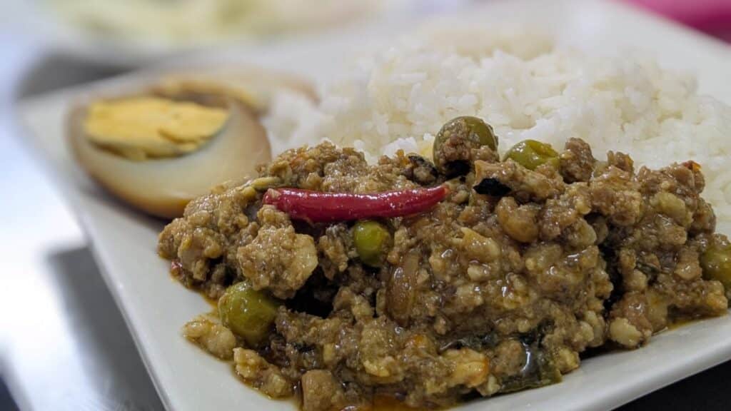 Khmer Food - prahok ktis, stewed egg, and vegetables. Title: Traditional Prahok Ktis with Rice in Phnom Penh