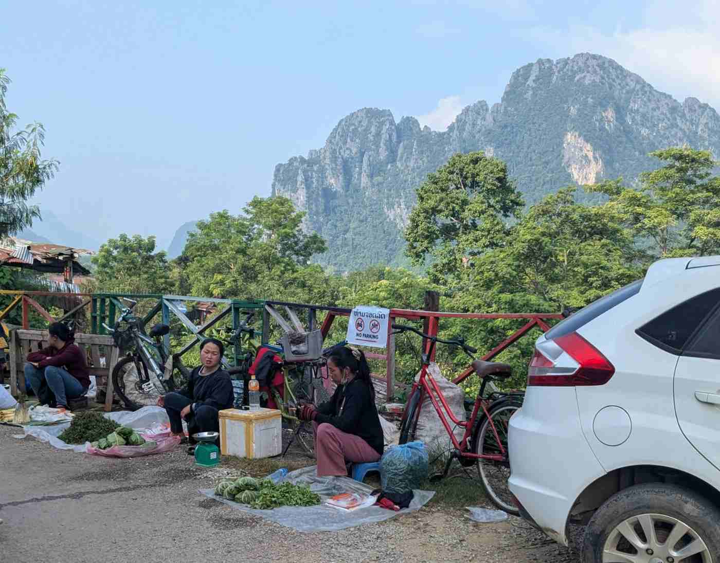 Morning Market in Vang Vieng Local women selling vegetables at Vang Vieng’s morning market, with misty mountains behind them.
