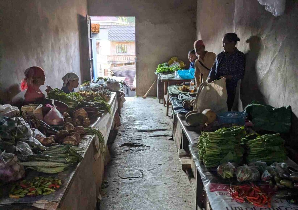 Morning market in Phongsaly Old Town with fresh local produce