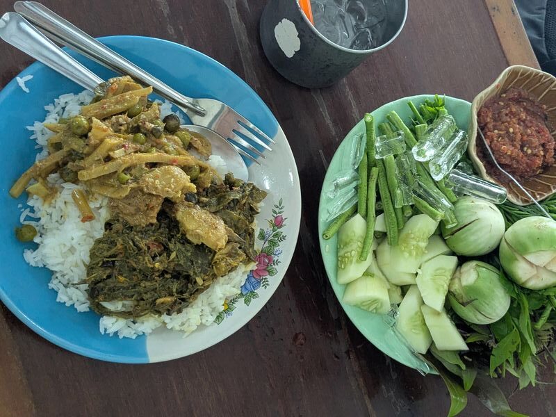 Khao Gaeng plate in Krabi with jackfruit curry, stir fried catfish and vegetables with nam prik kapi - krabi food travel